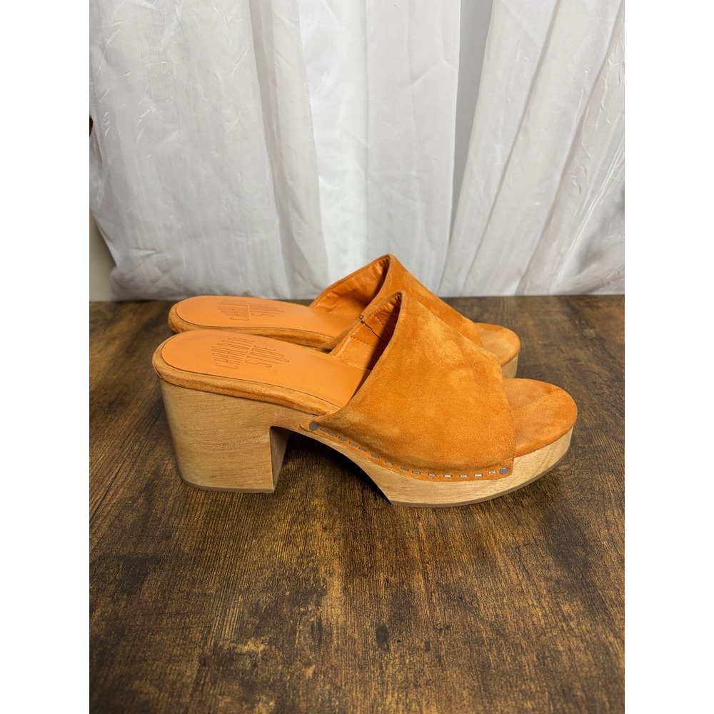 Charlotte Stone Kayla Orange Suede Wood Platform Clogs Women's 8 Sandals - Picture 5 of 16